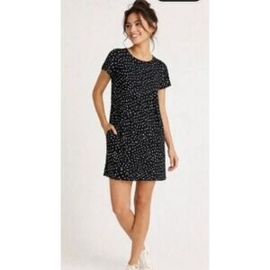 Toad&Co Womens Black White Polka Dot Short Sleeve Shift Dress with Pockets M
